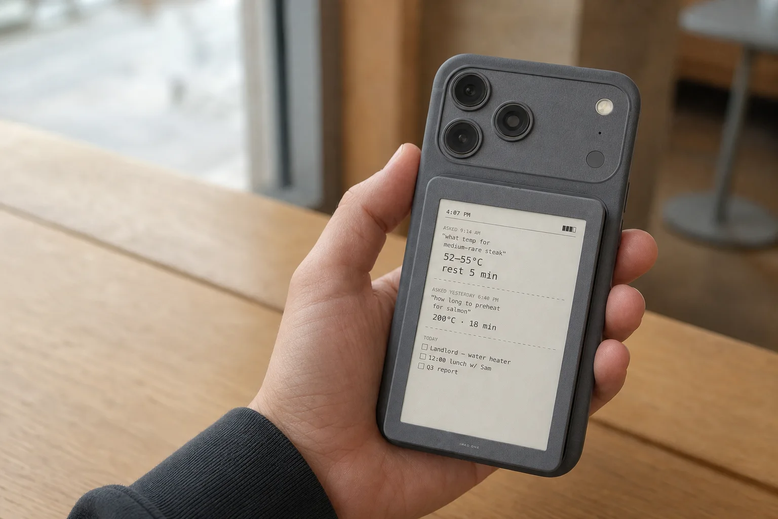 Concept of INKQ One attached to the back of a phone, held in a sunlit café