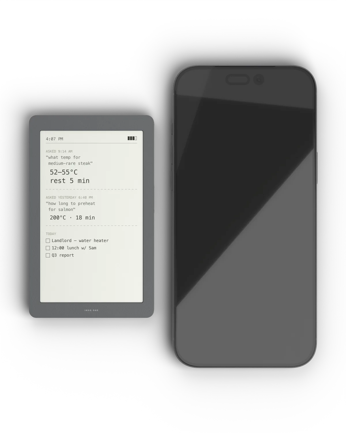 基于原始三维模型的 INKQ One 与手机设计比例对比图